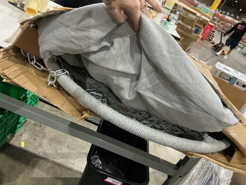 Condition photo showing As Is for songmics hanging chair, hammock chair with large, thick cushion, boho swing chair for bedroom, patio, balcony, garden, holds up to 264 lb, accessories included, dove gray ugdc042g11