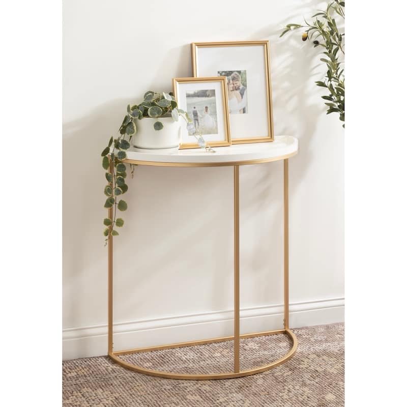 Dorrah Mid-Century Half-Circle Console Table for Entryway Storage and Decor, 28x14x30, White/Gold
