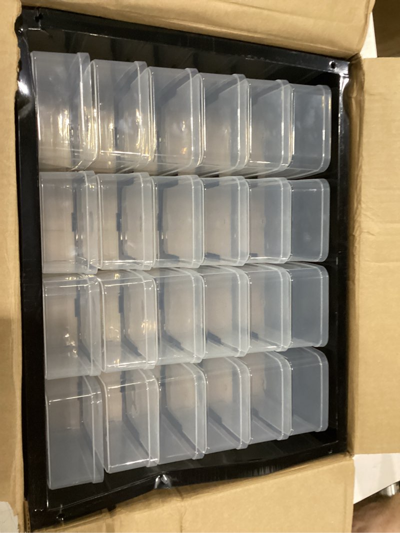 Condition photo showing As Is for IRIS USA Plastic Storage Drawers, 24-Drawer, Stackable Small Parts Organizer Cabinet for Hardware Screw Nuts and Bolts Sticker Bead Balloon Building Bricks, Teacher Toolbox Garage Storage Bins, Black Black 24 Drawer