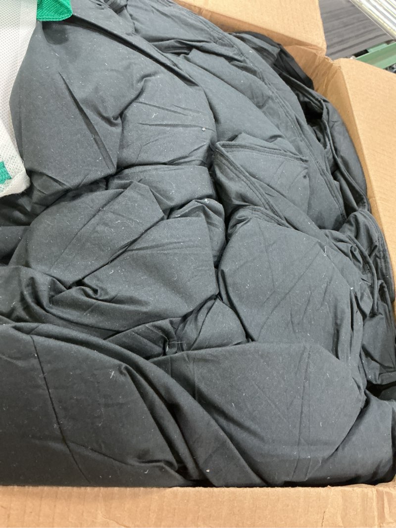Condition photo showing As Is for three geese pinch pleat waterfowl feathers and down comforter queen size duvet insert, 1200tc 100% cotton fabric, premium all seasons blackgrey warm hotel comforter with 8 tabs. queen:90x90inches black-gray