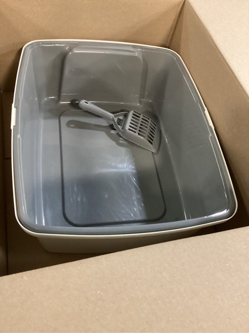Condition photo showing Good Condition for amazon basics large cat litter box with high sides, open top for easy access, includes scoop with storage, 19" x 15" x 11.75", grey/beige grey/beige open top