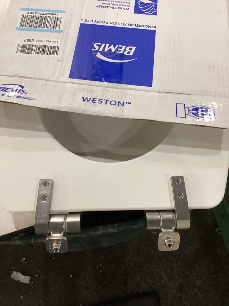 Condition photo showing As Is for mayfair bennett toilet seat with brushed nickel hinges, slow close wood seat, secure metal hinges, easy install, elongated, white elongated brushed nickel