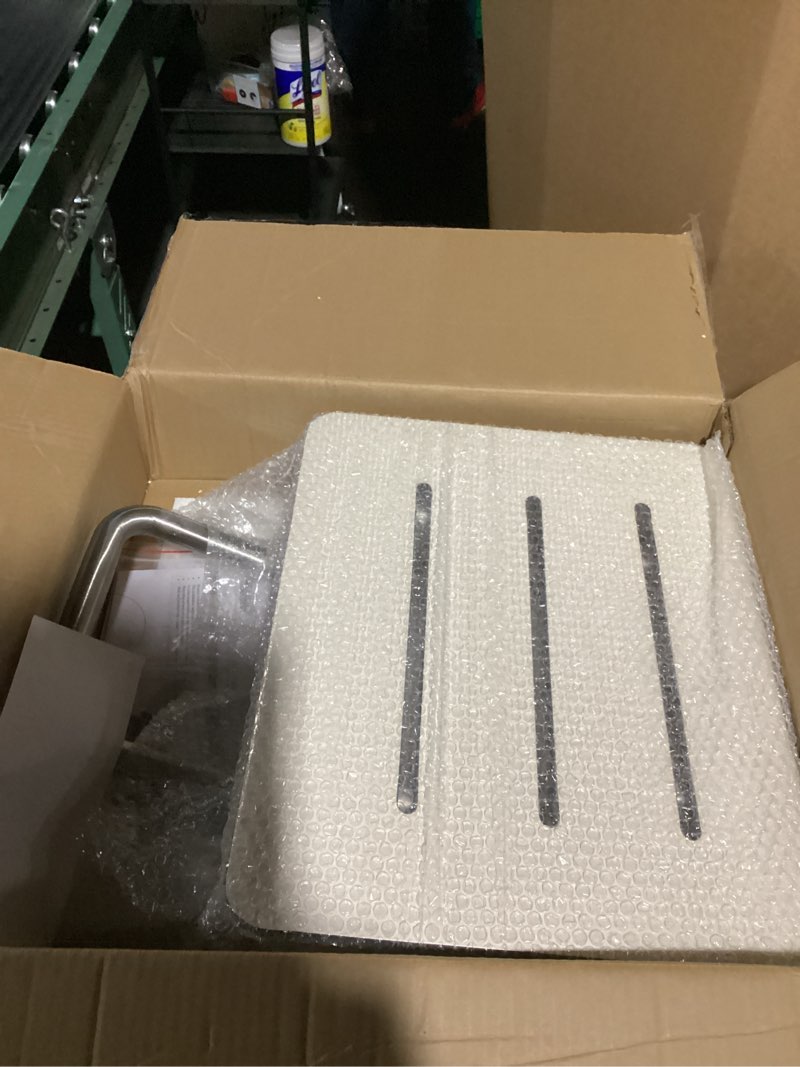 Condition photo showing As Is for 18" x 16" ADA Compliant Phenolic White Folding Shower Seat Bench, Wall Mount Foldable Bathroom Shower Chair with Stainless Steel Support, 400 lbs Capacity