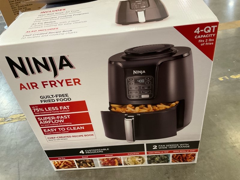Condition photo showing New/Like New for ninja air fryer | 4 qt capacity | 4-in-1 roast, crisp, roast, reheats, & dehydrates | dishwasher safe parts | 105°f-400°f | includes 20 easy & healthy recipes | 1550 watt | grey | af101