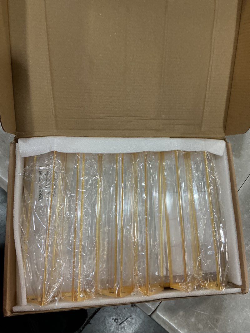 Condition photo showing New/Like New for acrylic sign holder 8.5x11 gold frames double-sided gold picture frames for flyer holder menu holder wedding table number holder christmas photo frame with removable sticky dots -6 pack 8.5x11-gold-6 pack