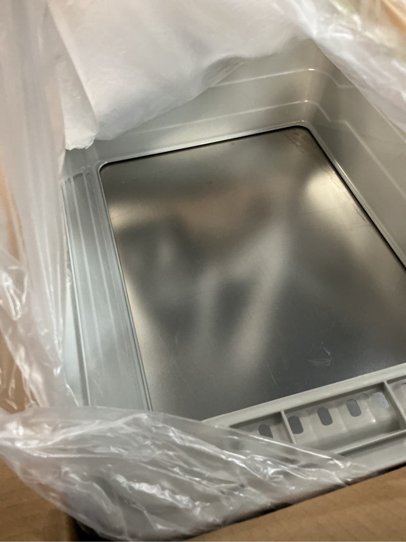 Condition photo showing As Is for stainless steel cat litter box, odor free metal litter box with high sides lid, open top low entry litter pan include scoop easy cleaning anti-scratch kitty cat box anti-urine leakage, non-sticky, m medium light grey(17.5 in)