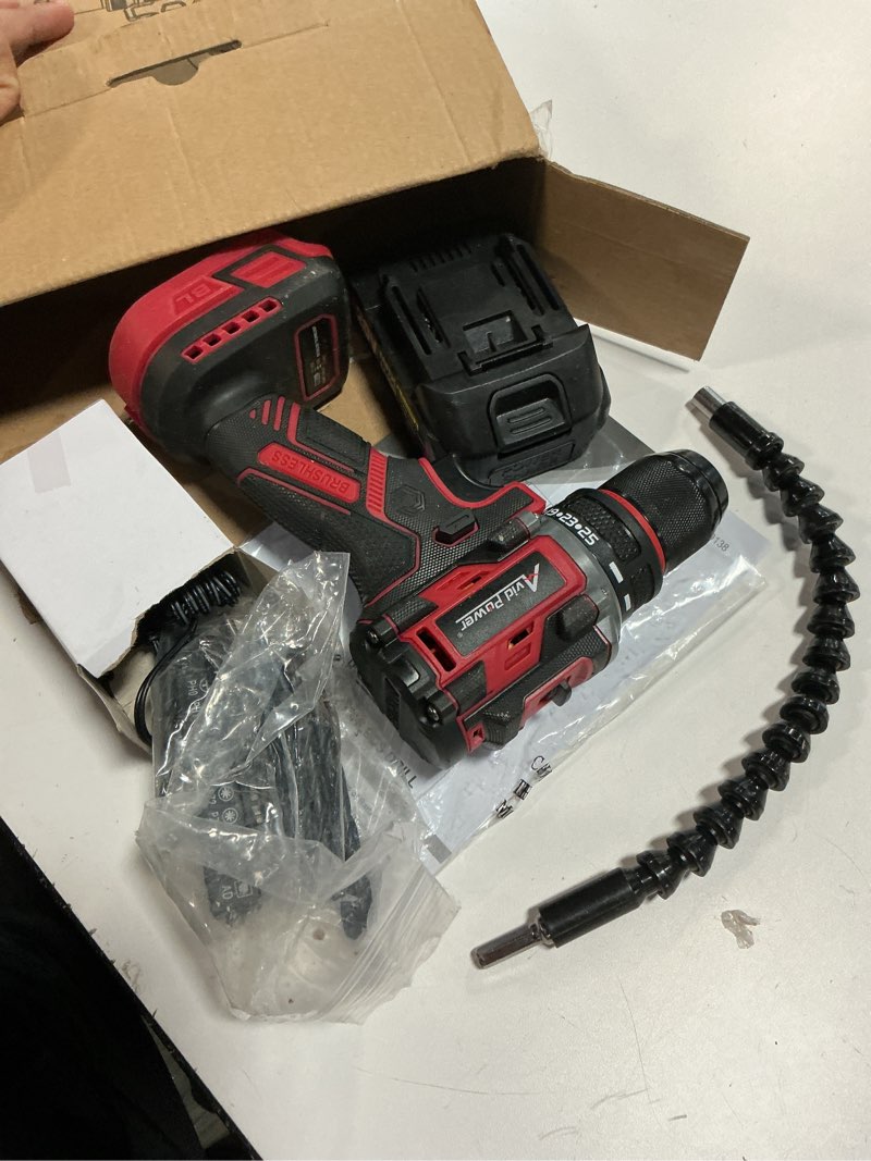 Condition photo showing As Is for avid power brushless power drill set, 20v cordless drill driver kit with 2.0ah battery and charger, 3/8-inch metal chuck, 355 in-lbs torque, 2-variable speed, 26 position and 22pcs accessories 1-red
