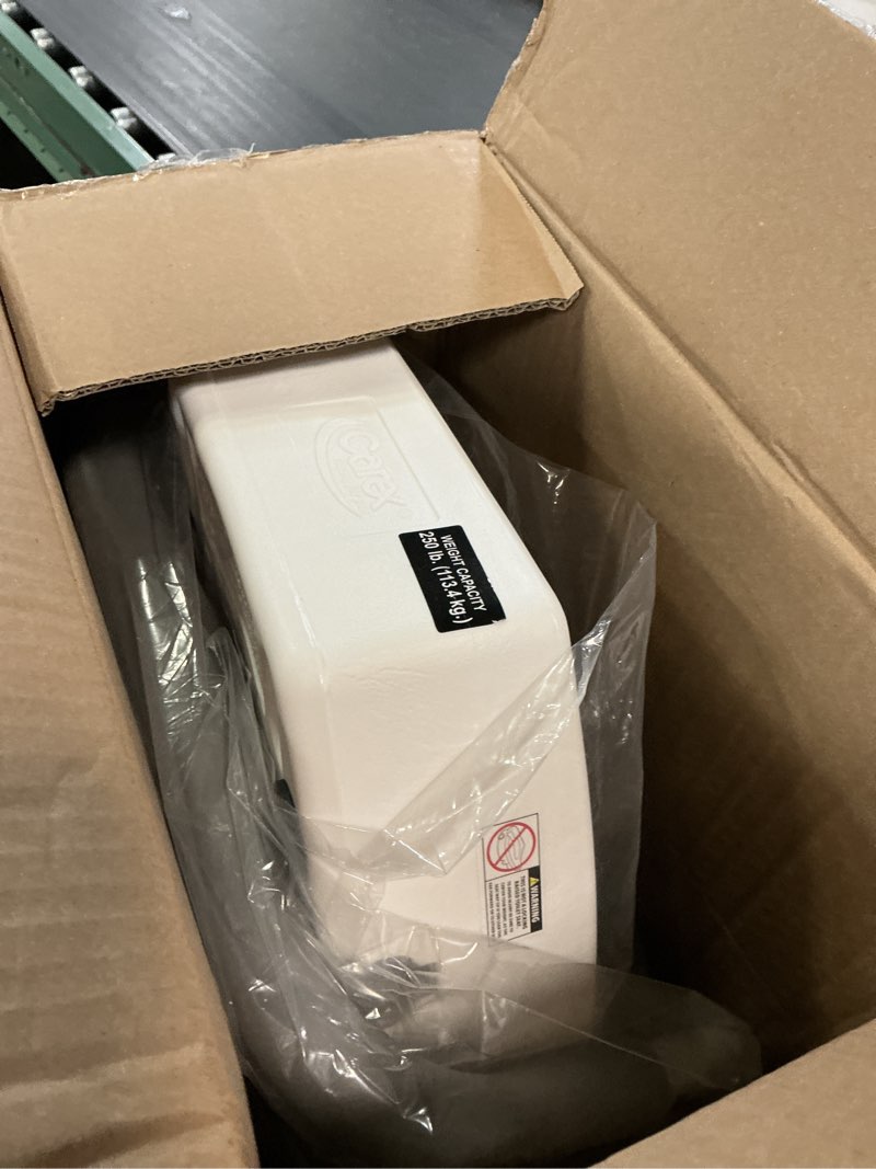 Condition photo showing As Is for carex 3.5 inch raised toilet seat with arms, elongated toilet seat riser, up to 250 lbs capacity, elevating & raising seat for elderly & handicap, universal, slip-resistant with padded handles, white