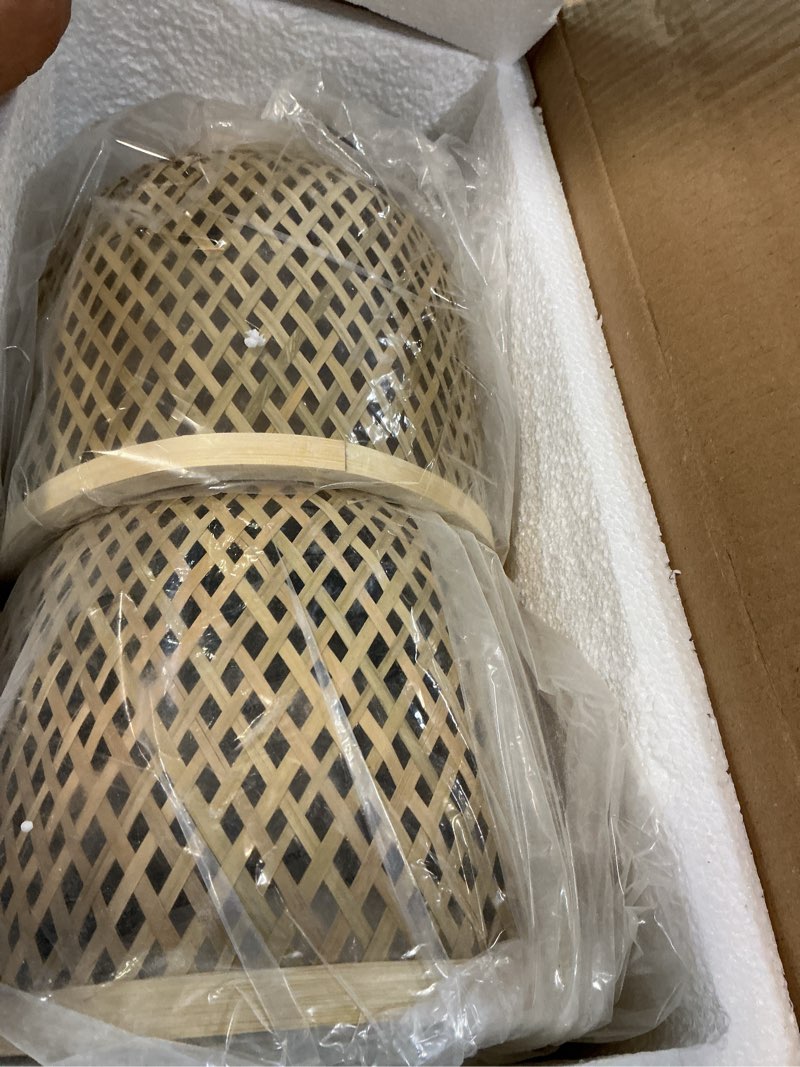 Condition photo showing As Is for Modern Bamboo Woven Pendant Light, 2 Pack 7.8" Dome Coastal Bamboo Wicker Dome Pendant Lighting Fixture for Kitchen Dining Room Living Room Foyer 7.8"- 2 Pack