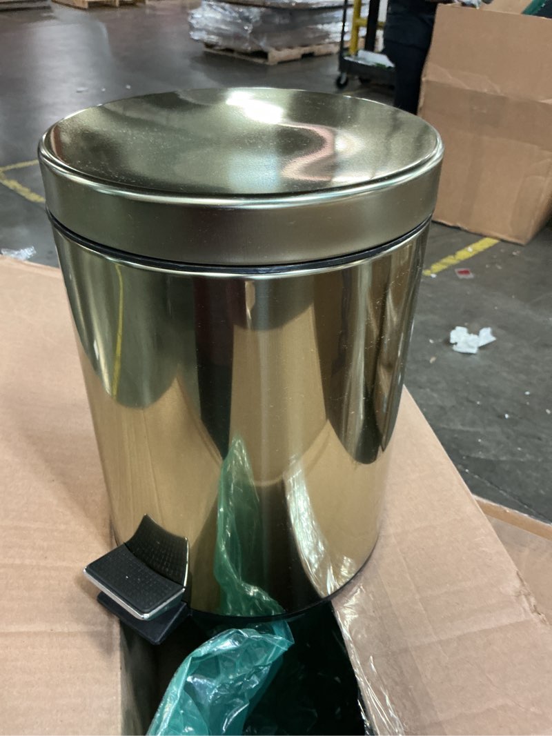 Condition photo showing Good Condition for 1.3gal soft close pedal trash bin gold - 88 main: metallic steel wastebasket for bathroom with 8" height