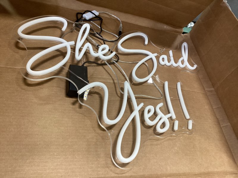Condition photo showing As Is for Large She Said Yes Neon Sign 23x16.3” Warm White for Wedding Proposal Party, Wall Décor, Flex Led Neon Light Signs for engagement party, Wedding Decoration, Romantic Neon Sign gift