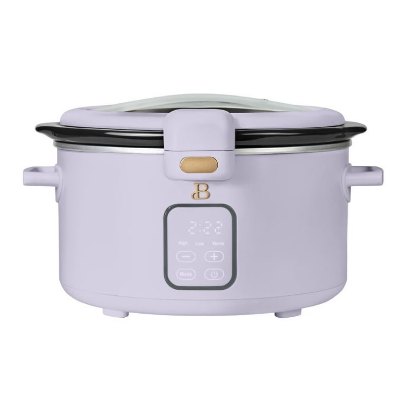 beautiful 4 qt digital slow cooker with hinged locking lid, lavender by drew barrymore