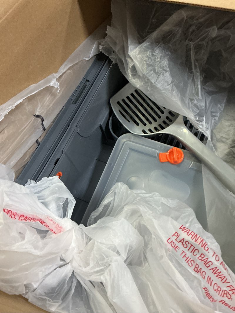 Condition photo showing As Is for FURTIME Stainless Steel Litter Box with Lid, Large Enclosed Cat Litter Box for Big Cats, Metal Cat Box with High Sided Enclosure & Scoop, Front & Top Entry, Odor Free, Anti-Leakage, Grey X-Large Grey