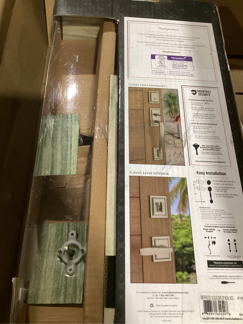 Condition photo showing Good Condition for baldwin torrey pines, front entry handleset with interior lever, featuring smartkey deadbolt re-key technology and microban protection, in satin nickel