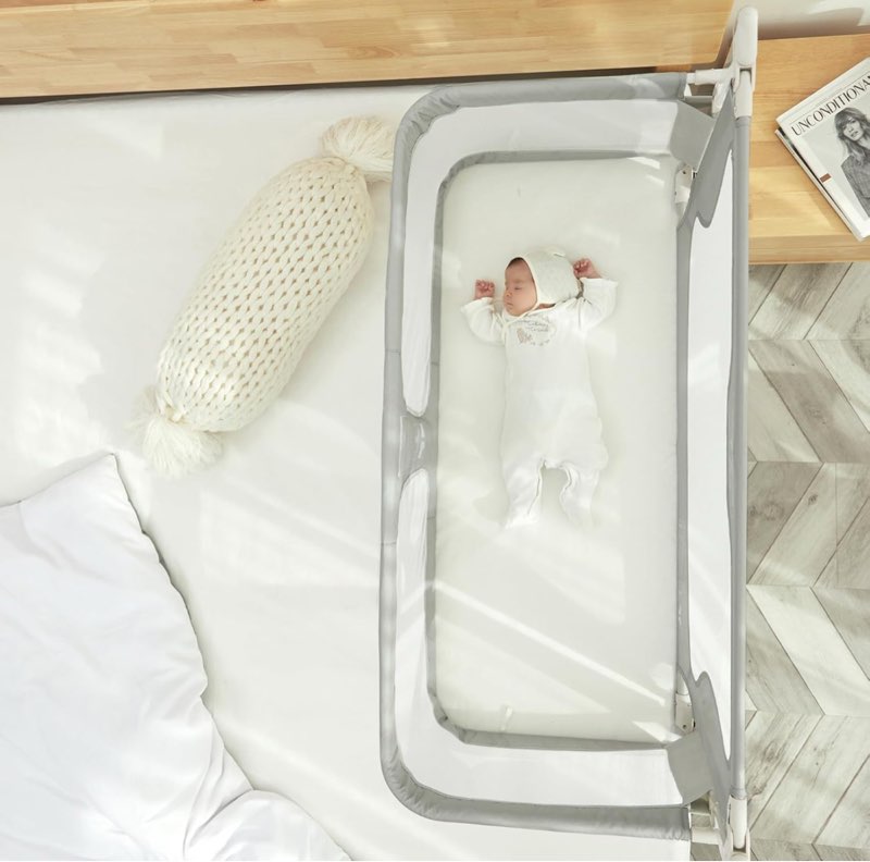 3 in 1 portable crib,folding bedside crib side bed rail guard, breathable visual mesh window cot side baby bed, infant/baby boy/baby girl, gray