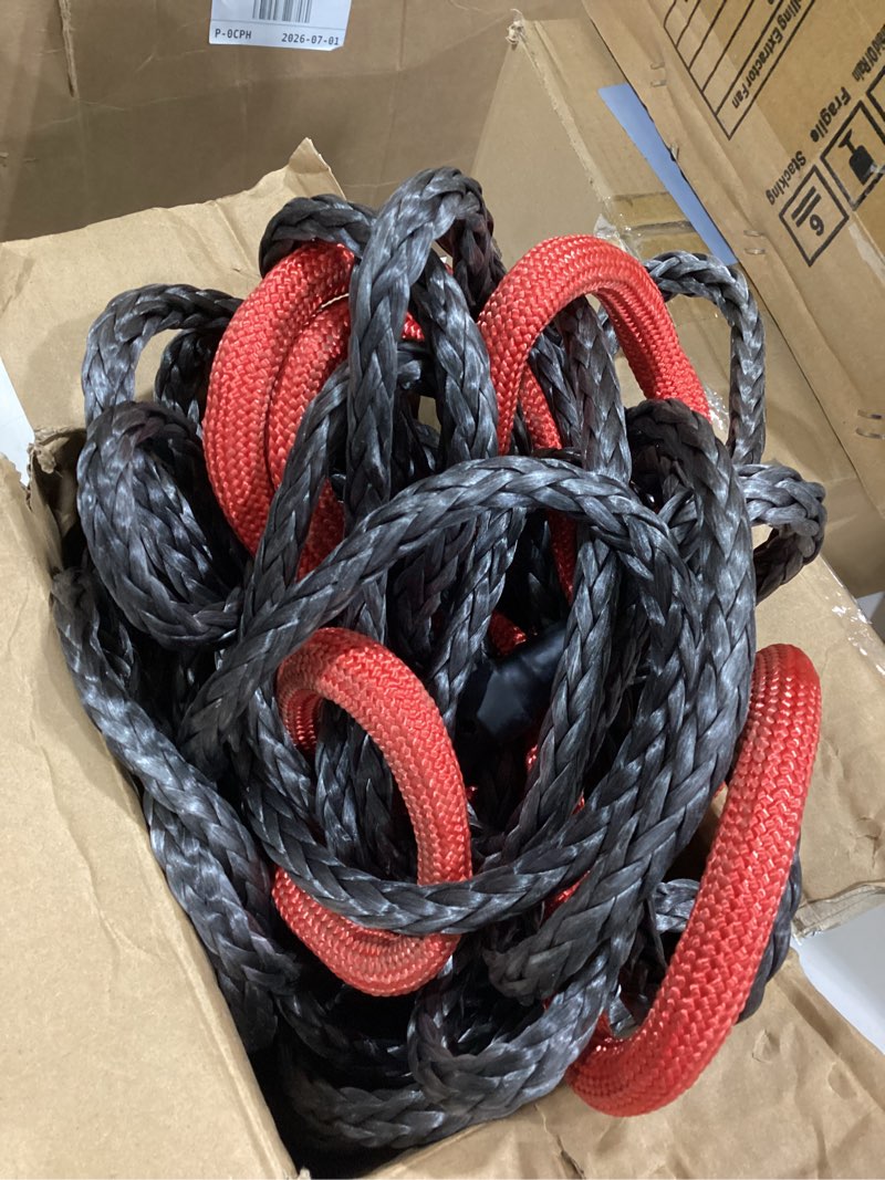 Condition photo showing As Is for tyt synthetic winch rope kit - 3/8" x 92' with 27000 lbs strength, protective sleeve, heavy duty hook and safety pull strap for off-road 4x4 vehicles (black) 3/8" x 92' black