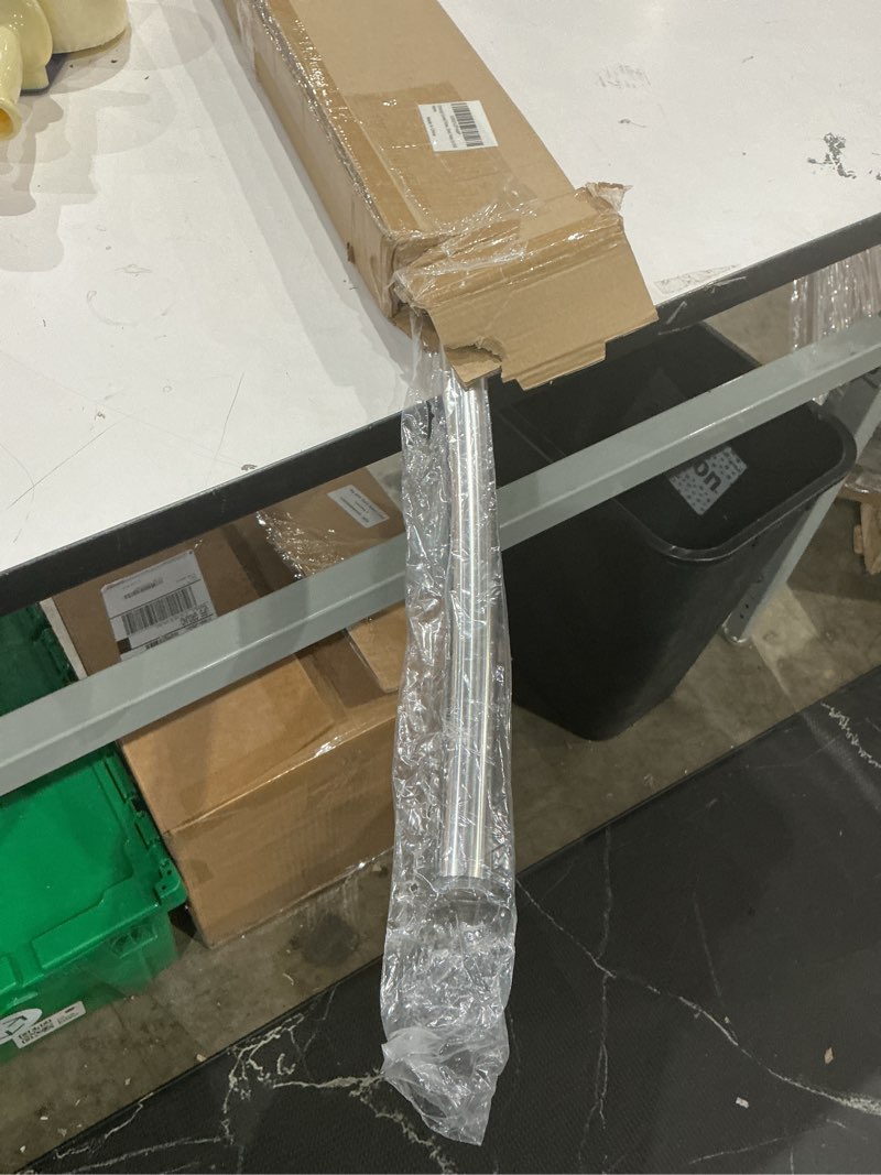 Condition photo showing As Is for chrsouly adjustable curved shower rod, 42-72 inches extra wide shower curtain rod, rust proof, premium stainless steel, curved shower curtain rod for bathroom, need to drill, silver silver 42-72 inches