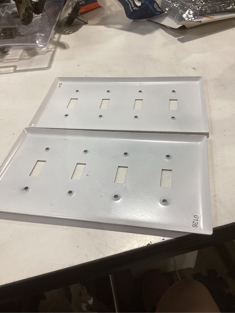 Condition photo showing Good Condition for lot of 2 steel white 4 gang toggle wall plate united electric