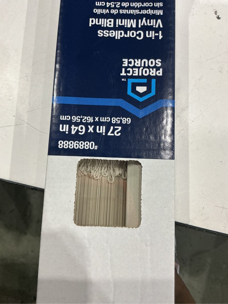 Condition photo showing As Is for project source room darkening 1-in slat width 27-in x 64-in cordless white vinyl room darkening mini-blinds