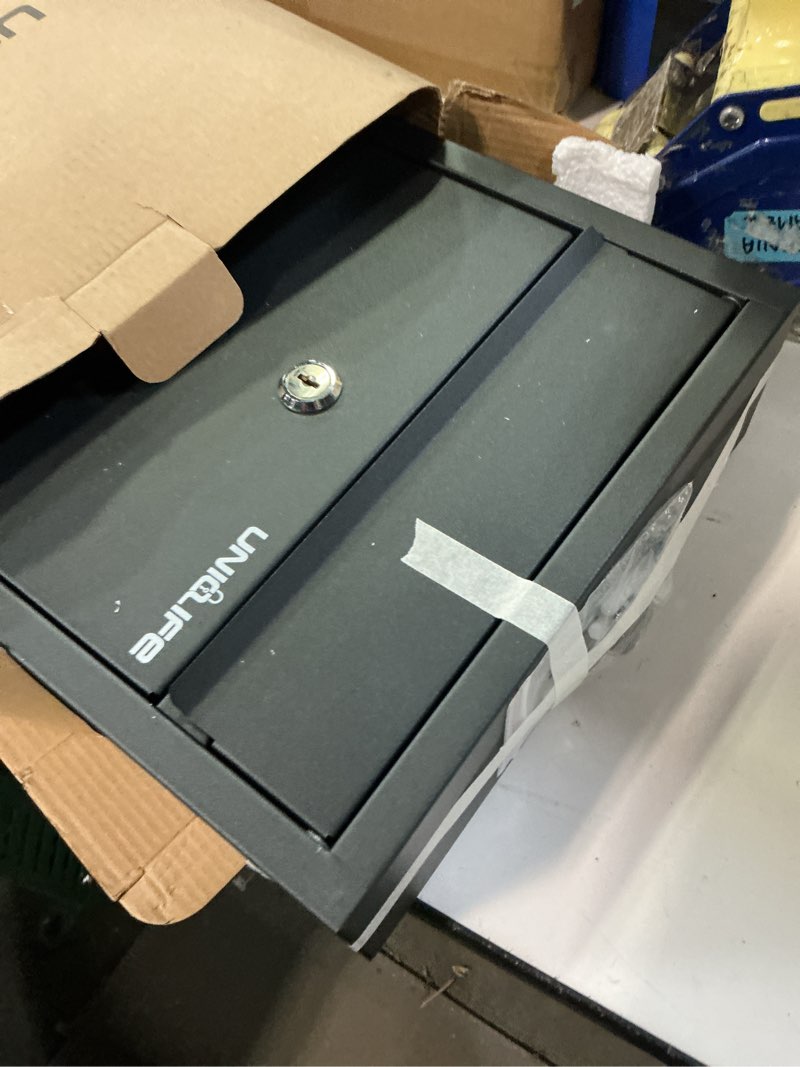 Condition photo showing New/Like New for uniclife wall mount mailbox for outside, locking mail box, large mailbox with key lock, security mail box for house, safe key drop box, post box, steel cash drop box for home office school, black blcak key lock