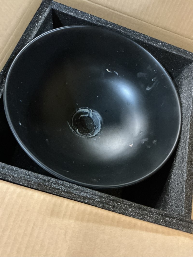 Condition photo showing As Is for GLOBAOSALU Black Vessel Sink with Faucet and Pop-Up Drain 13 inch Stone Resin Round Bathroom Basin Compact Vessel Sinks Top Mount Sink Bowls for Small Bathrooms Vanities Space Saving Design