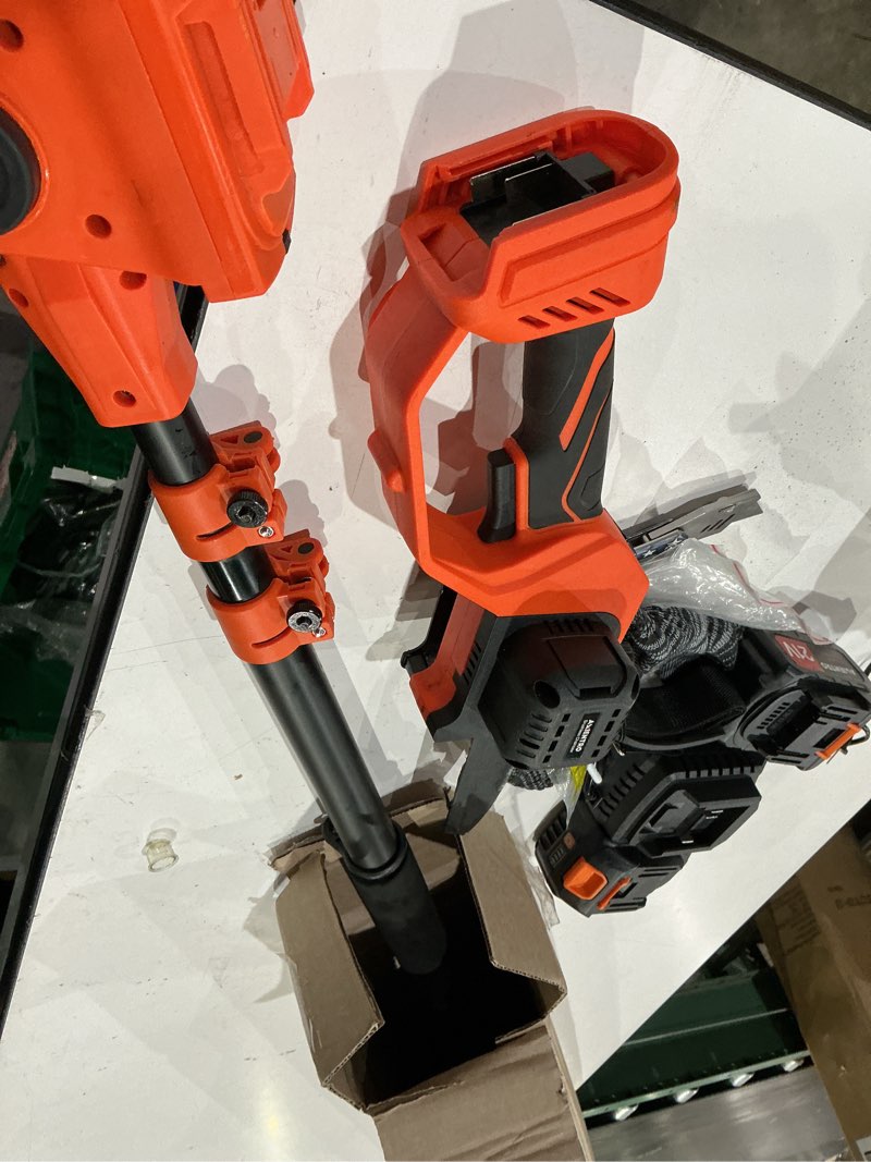 Condition photo showing As Is for 2-in-1 electric pole saws for tree trimming, 8 inch | brushless motor mini chainsaw cordless with extension pole, 2x4000mah li batteries & charger, 16ft max reach halloween orange