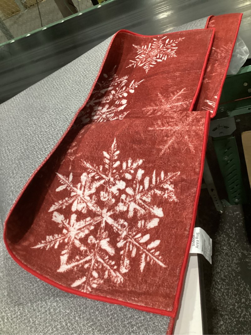 Condition photo showing As Is for (similar to stock photos, size unknown)christmas area rug red snowflake washable winter xmas non slip carpet for living room bedroom soft low pile indoor mat holiday throw rug for dining room kitchen office nursery red