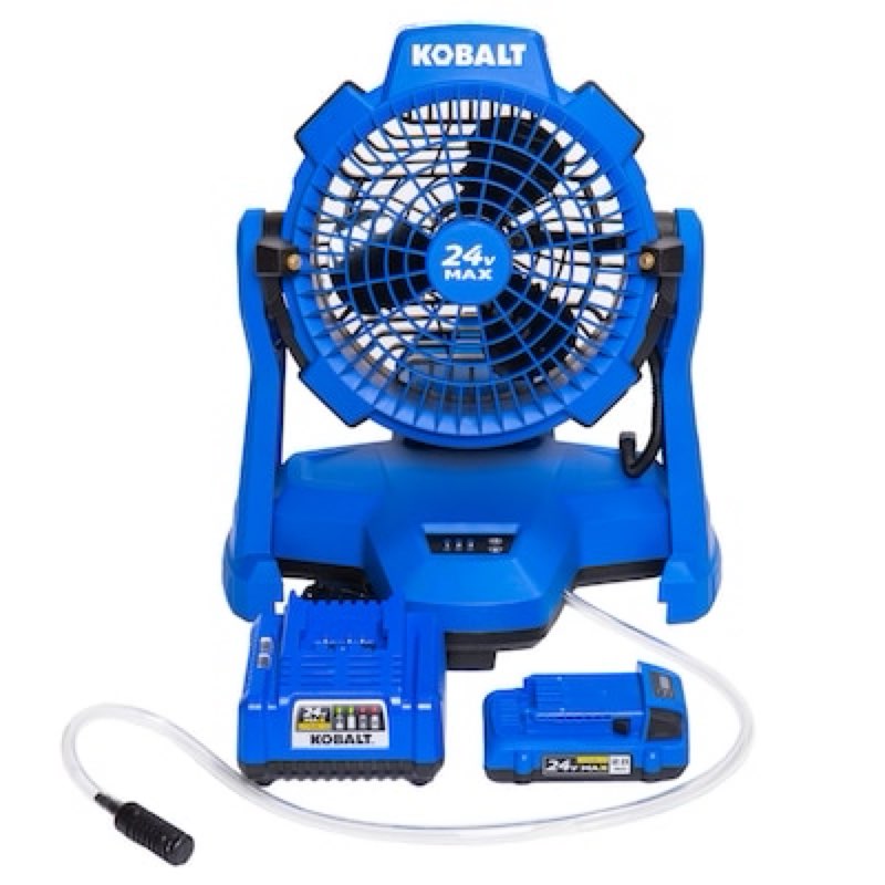kobalt 7-in high velocity indoor/outdoor misting floor fan, battery powered, in blue item #1774925 | model #kmf 1124a-03