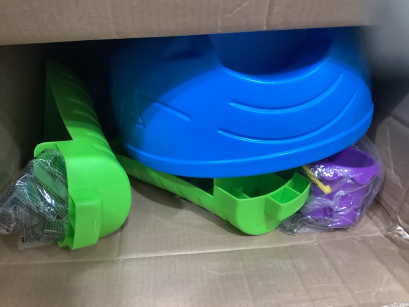 Condition photo showing As Is for step2 rain showers splash pond water table, kids water and sand activity sensory playset, summer outdoor toys, 13 piece water toy accessories, for toddlers 1.5+ years old, blue & green
