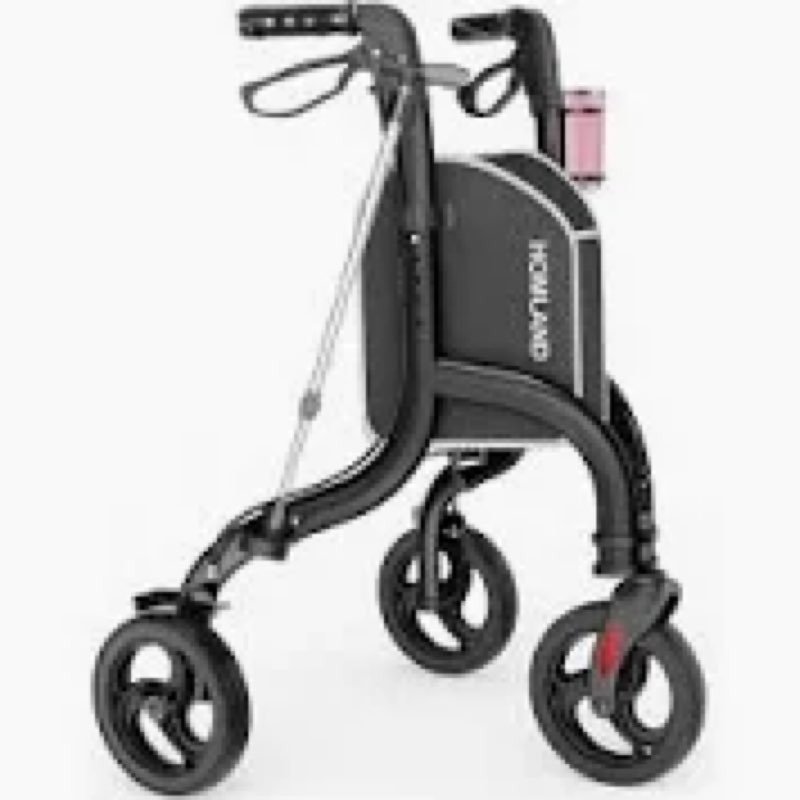 HOMLAND 3 Wheel Walkers for Seniors, Foldable Wheeled Rollator with Cane Hold and Cup Hold, Lightweight Three Wheel Rolling Walker Height Adjustable for Seniors