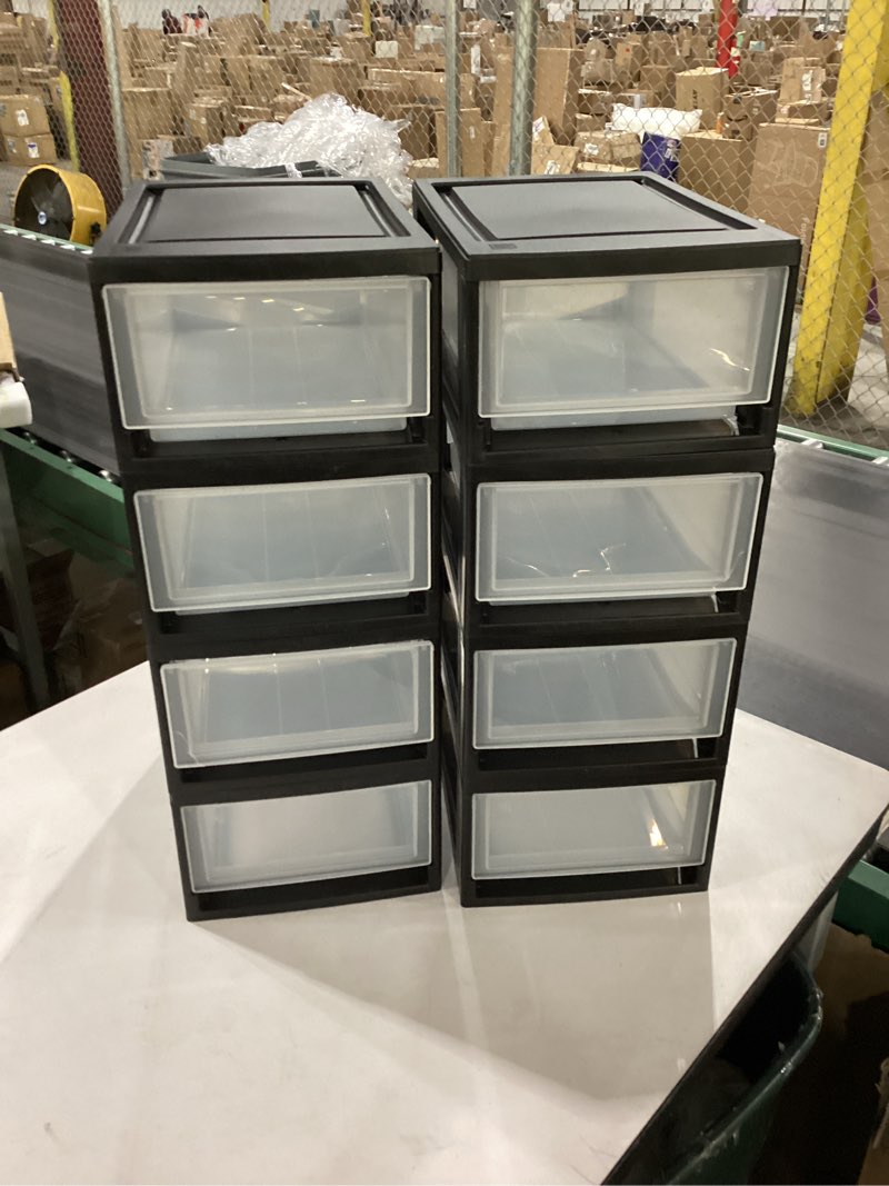 Condition photo showing As Is for IRIS USA 6 Qt. Plastic Drawer Storage Organizer Stacking Drawers, 8-Pack, Stackable Unit with Sliding Drawer for Clothes Bedroom Kitchen Under Sink Pantry Craft Room Bathroom Dorm Office, Black 8 Pack 6 Qt.