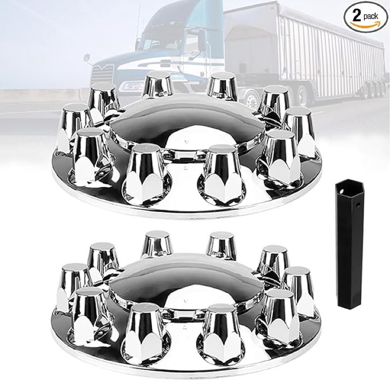 33mm Axle Cover Chromed Thread-On Standart Lug Nut Covers with 2 Front Axle Wheel Covers Kit Removable Hub Caps for Semi Truck (Installation Tool Included)
