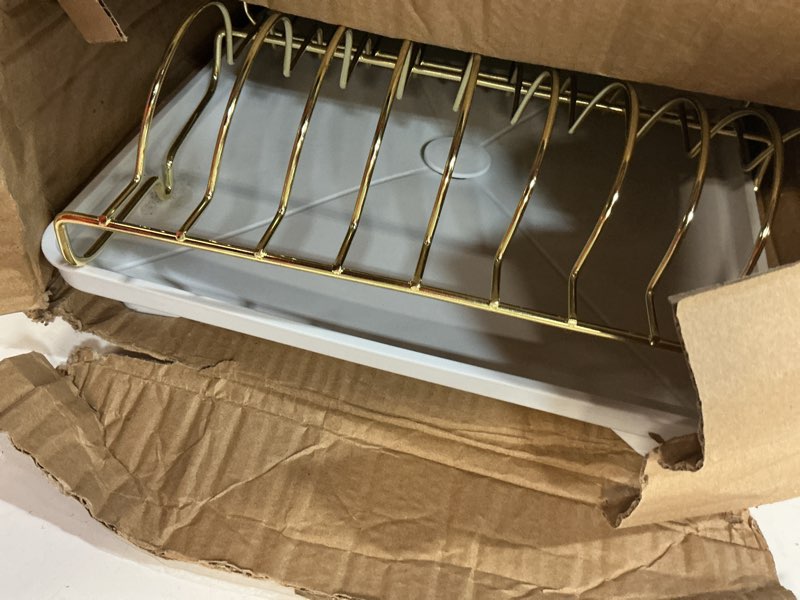 Condition photo showing Good Condition for buruis dish drying rack for kitchen countertop, large capacity gold stainless steel dish drainer with anti-slip rubber feet, removable drain board and utensil holder (white tray) white drainer