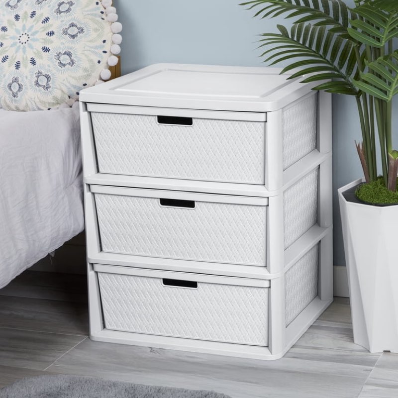 sterilite wide 3 drawer tower, plastic storage organizer with removable decorative bins, easy assembly, no tools needed, white