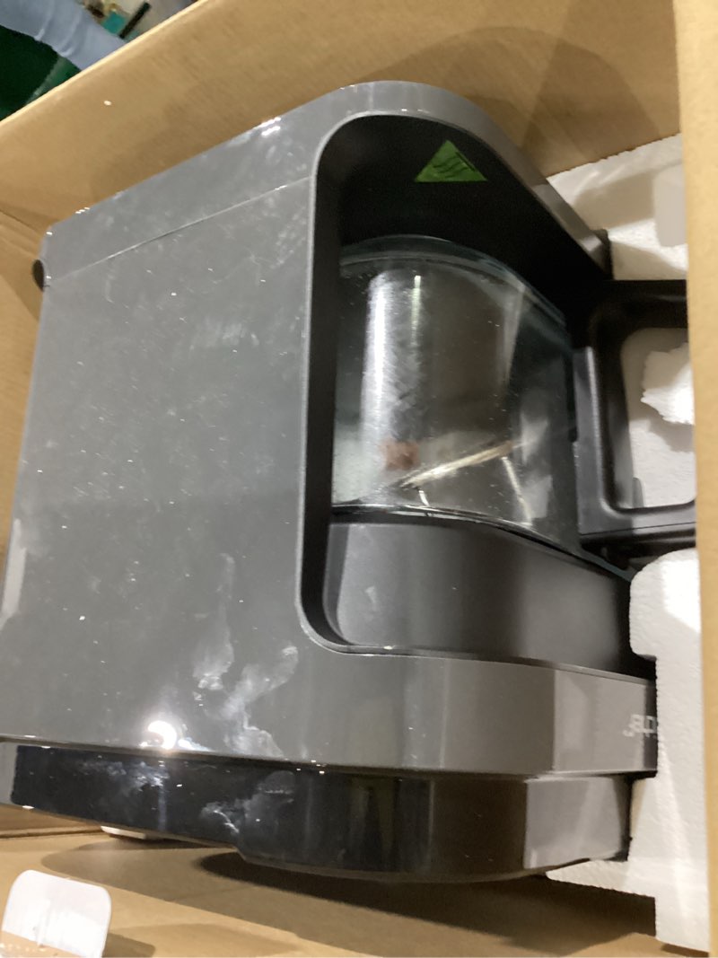 Condition photo showing As Is for nutrichef 5.8 quart air fryer | 8-1 preset cook modes | transparent fry bowl for best cooking results | cook shrimp, steak, fries, wings, chicken & more | precise temperature control & time | grey