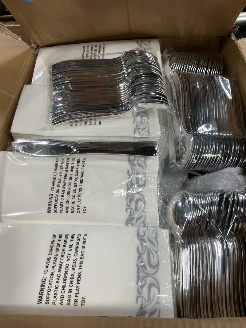 Condition photo showing New/Like New for goodluck 700 piece silver dinnerware set for 100 guests, disposable plastic plates for party, include: 100 dinner plates, 100 dessert plates, 100 paper napkins, 100 cups, 100 silverware set silver 100 guests