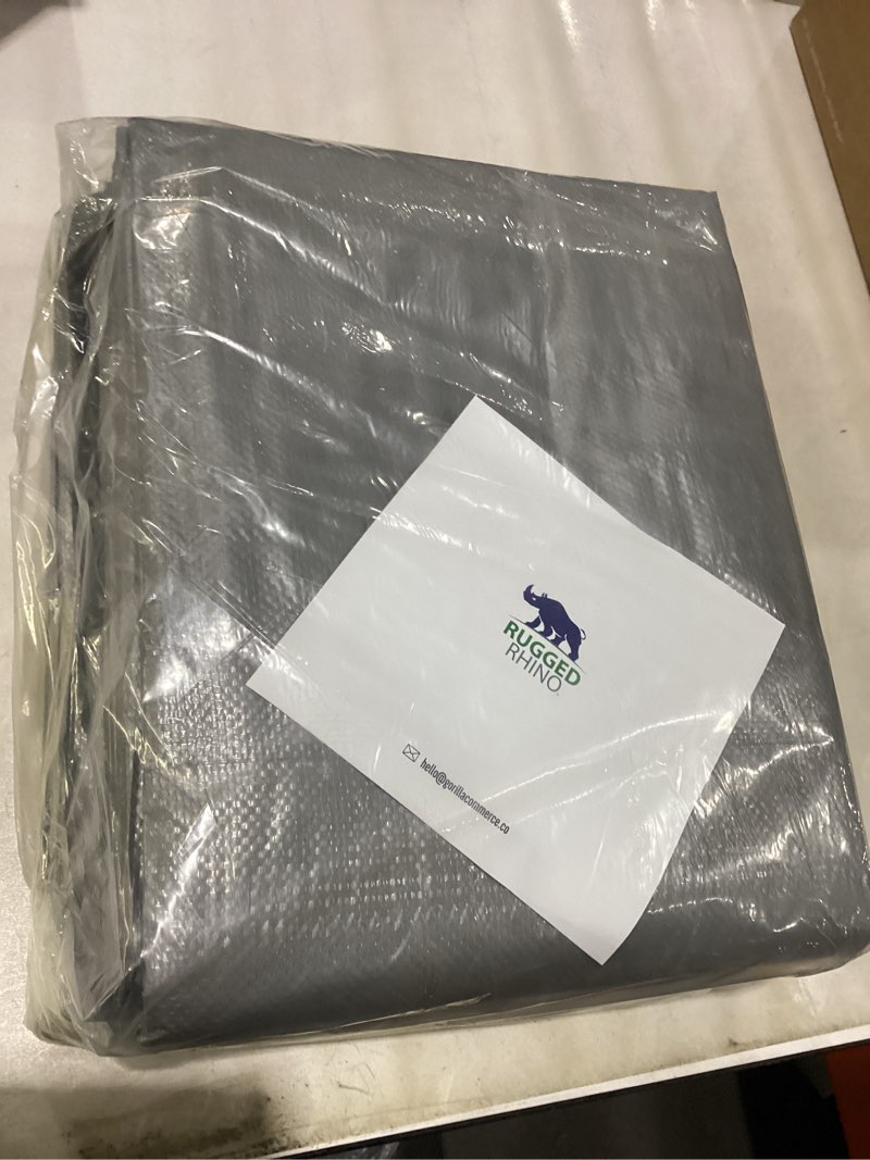 Condition photo showing As Is for rugged rhino all weather 100% waterproof heavy duty tarp, 15x15, 2 pk uv temperature resistant tarps, high durability multipurpose cover, for home outdoor winter snow clean up, camping, 5 mil, silver 15' x 15' silver 2