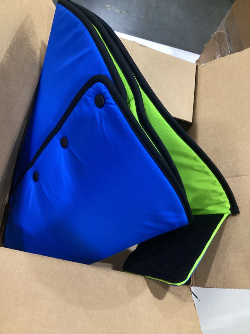 Condition photo showing As Is for car seat belt holder & shoulder protection set, universal anti-neck seat belt cover pad, cute soft seat belt cushion for boys & girls, belly protector for comfortable travel (blue)