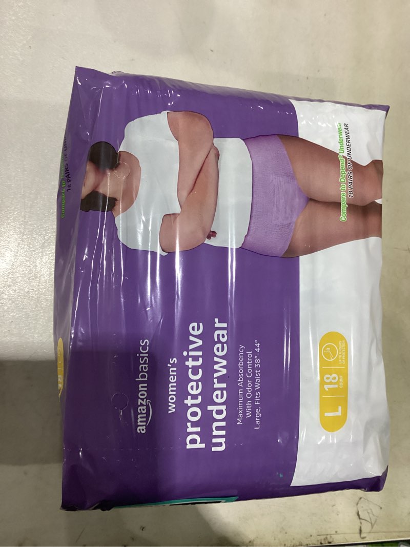 Condition photo showing Good Condition for amazon basics postpartum incontinence underwear for women, maximum absorbency with bladder leak protection, fresh protection, disposable, large, lavender, 18 count large 18.0