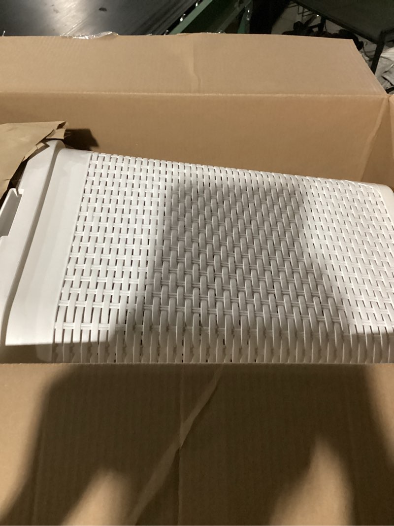 Condition photo showing Good Condition for Mind Reader Slim Laundry Hamper with Lid, 40L Clothes Basket, Premium Wicker Design, Plastic, White White Single