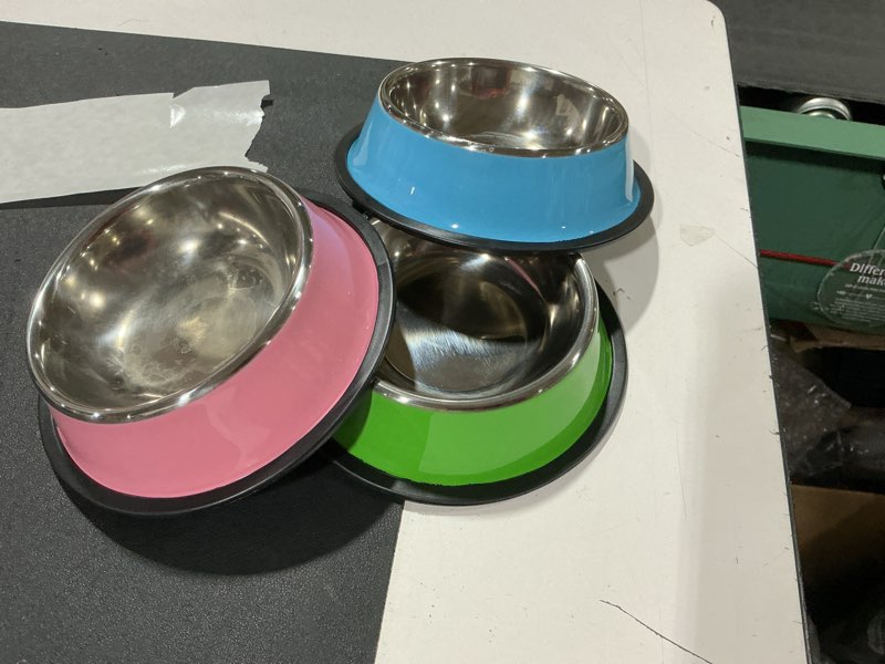 Condition photo showing Good Condition for (similar) cat bowls,stainless steel cat water food bowl,puppy feeding bowl,set of 3 shallow pet bowl rubber base non slip small dogs feeder bowls blue/purple/green
