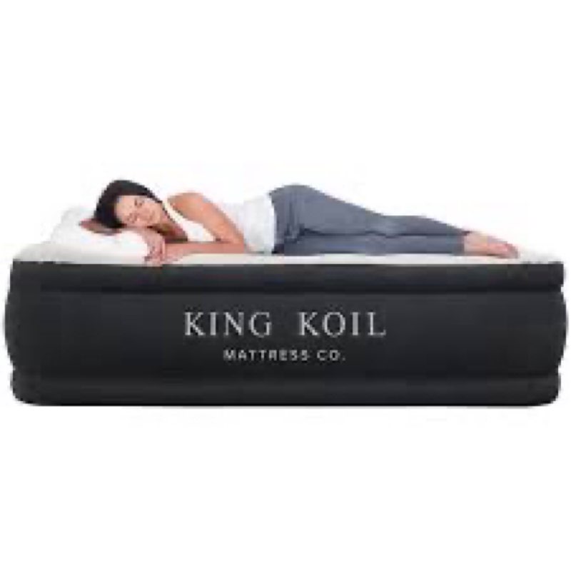 king koil luxury pillow top plush queen air mattress with high-speed built-in pump, blow up bed top 