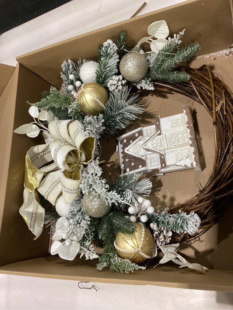 Condition photo showing As Is for Pre-lit Christmas Wreath 26 Inch, Christmas Village House Wreath with Ornaments & Bow Decoration for Home Front Door Porch Wall Winter Xmas Holiday Decor *damaged *