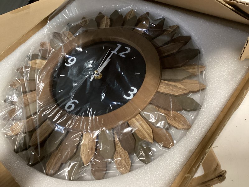 Condition photo showing Good Condition for Honiway 14 Inch Wall Clock, Rustic Wood Boho Sunburst Decorative Wall Clocks Battery Operated Silent Non Ticking Farmhouse Small Wall Clocks for Living Room Kitchen Bedroom Home Decor (Tricolor) Tricolor 14 inch