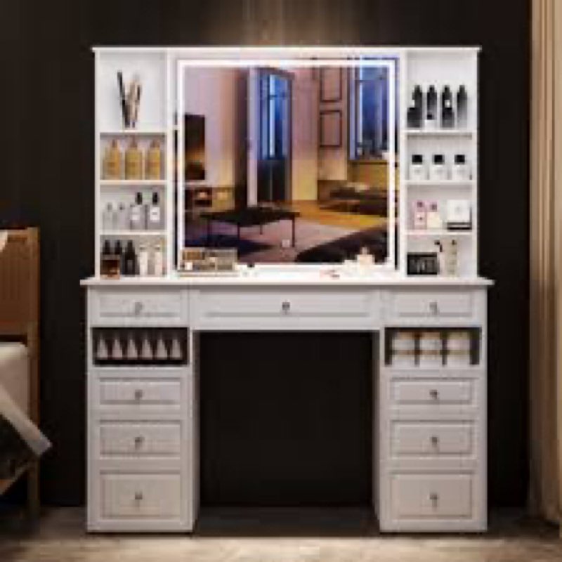 vanity desk with lighted mirror, 47’’ ex large makeup vanity table, 9 drawer + adjustable led mirror vanity(incomplete only 1 box) 