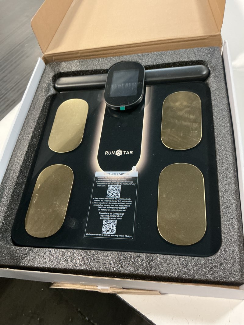Condition photo showing As Is for runstar smart scale fsa&hsa eligible, 8 electrodes digital bathroom scale for body weight and fat, bmi, muscle mass 28 body composition measurement, with full-color tft lcd on retractable handle black