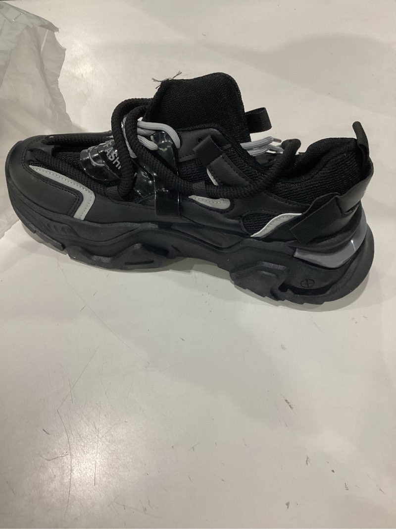 Condition photo showing As Is for leather chunky platform sneakers for men: dad - inspired, comfort - focused, non - slip. great for casual wear and active lifestyles. black 6.5