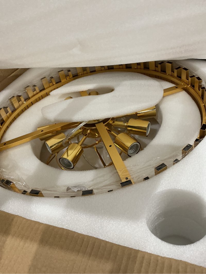 Condition photo showing Good Condition for (as is)modern crystal chandeliers, 24\" gold adjustable height pendant light, 5-tier round crystal ceiling chandelier for high ceiling, foyer, living room, staircase, dining room d24\"xh88\" gold