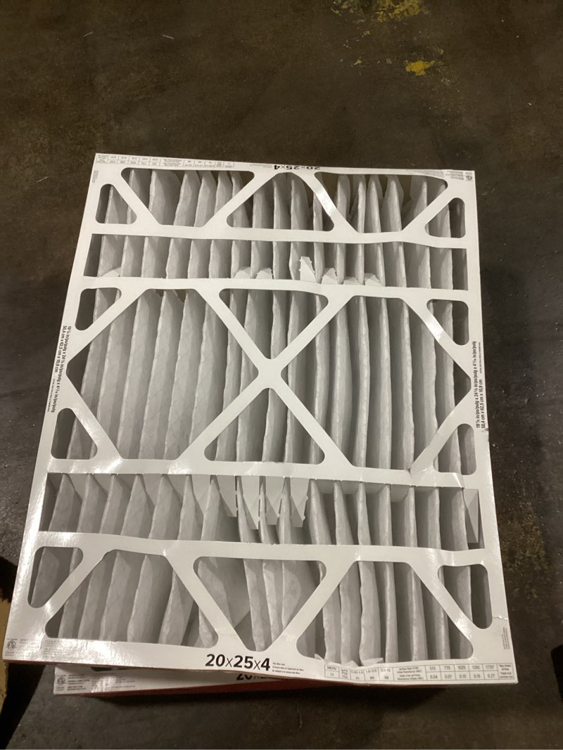 Condition photo showing As Is for some damage, filtrete 20-in w x 25-in l x 4-in merv 11 1000 mpr allergen defense electrostatic pleated air filter 2 -pack