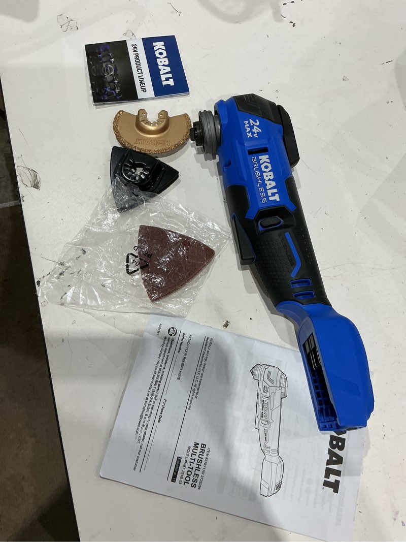 Condition photo showing As Is for kobalt 24-volt cordless brushless variable speed 17 -piece oscillating multi-tool with soft case